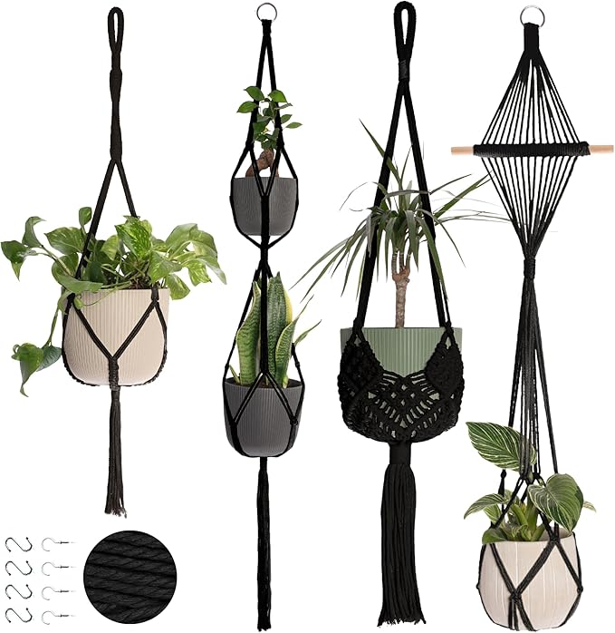 Nook Theory 4-Pack Macrame Plant Hanger - with 8 Ceiling Hooks - Hanging Planter Indoor Outdoor - Hanging Plant Holder - Decorative Bohemian Plant Hangers - Hanging Plants (Black)