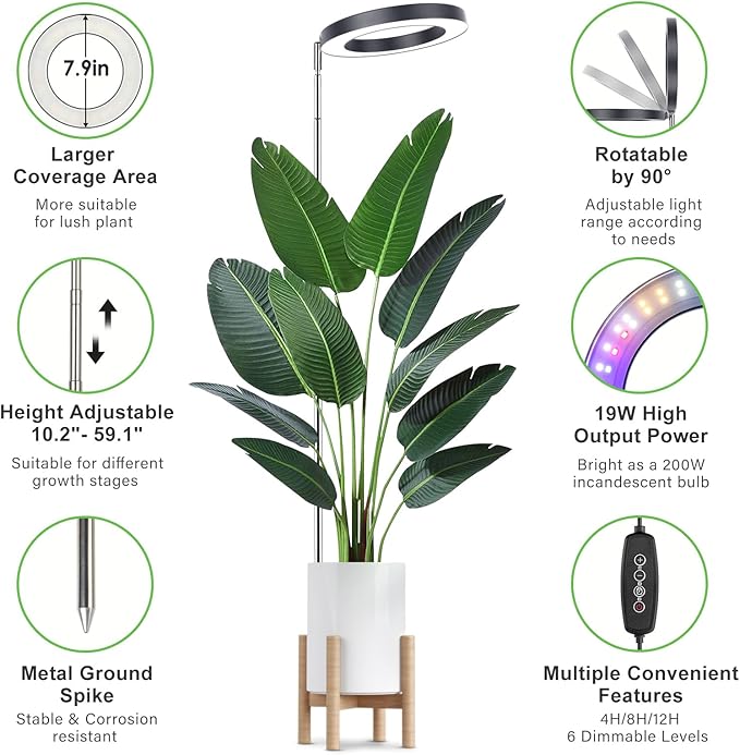 LORDEM Grow Light for Indoor Plants, 7.9" Full Spectrum LED Plant Grow Light, Height Adjustable Growing Lamp with Auto Timer 4H/8H/12H, 6 Dimmable Levels, Ideal for Large Tall Plants, 2 Packs, Black