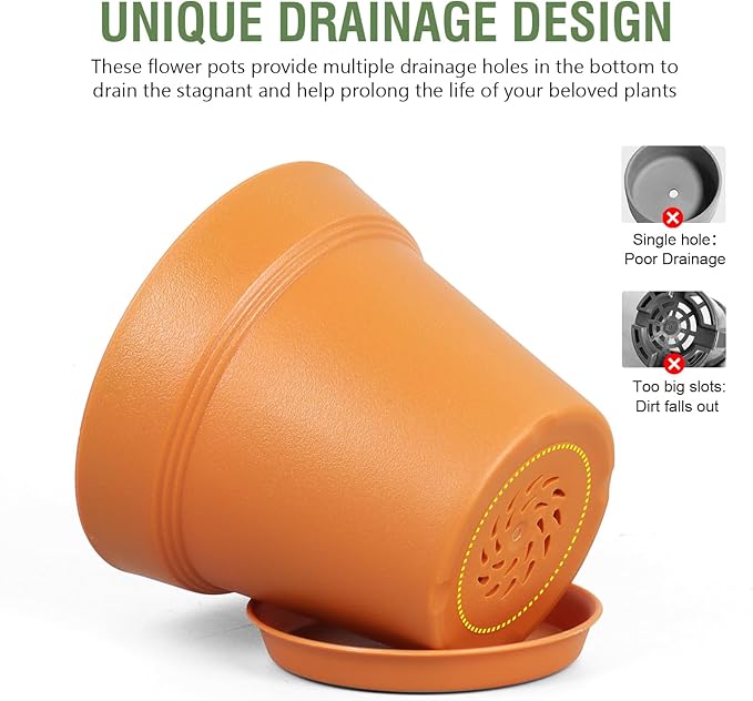 4 inch Small Plastic Nursery Pots, Seedling Pots, 16 Pack Plant Pots for Indoor Outdoor Plants, Flower Pots with Drainage Holes and Saucers, Decorative Planters for House Plants, Terracotta