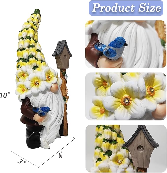 Solar Gnome Statue with Flower Hat - Solar Resin Garden Outdoor Statue Sculpture,Whimsical Gnome Figurine for Woman Gift Home and Garden Decor