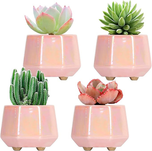 4 Inch Succulent Planter Ceramic Pot for Indoor Plants - Flower Pots with Drainage Hole - Set of 4