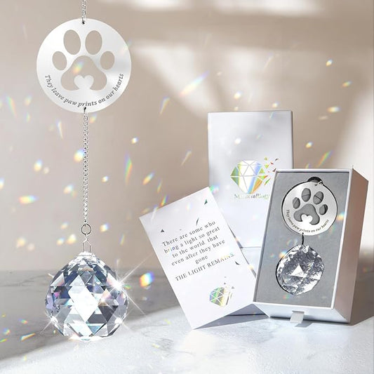 Dog Memorial Gifts, Unique Loss of Pet Sympathy Idea, Clear Crystal Ball Rainbow Suncatcher with Paw Print for Cat or Dog Remembrance and Bereavement