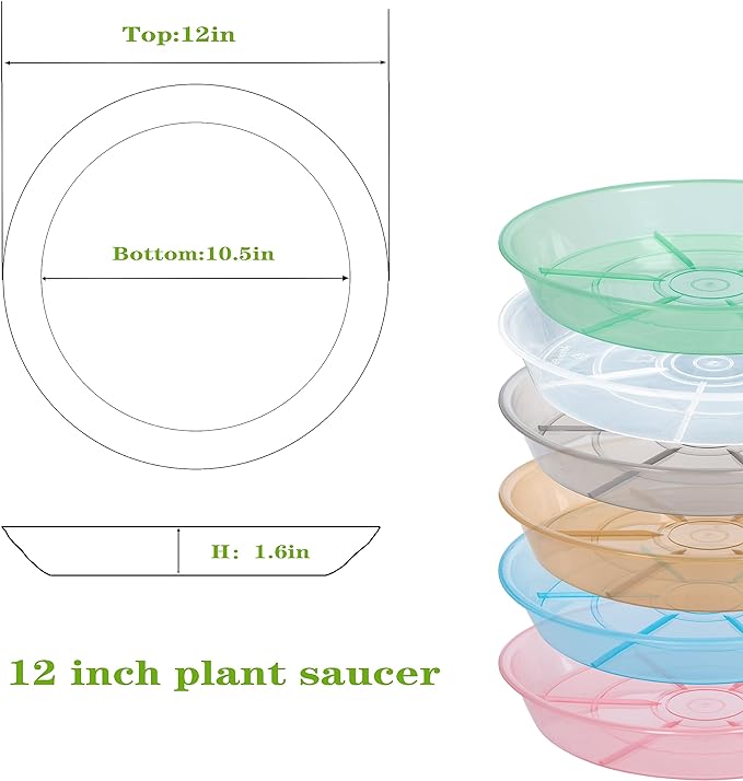 6 Pack Plant Saucer Drip Tray 11 12 inch, Pot Base for Plants Indoor, Heavy Sturdy Plastic Planter Flower Pot Saucers for Outdoor Garden, Plant Water Drip Trays for pots (12", Clear)