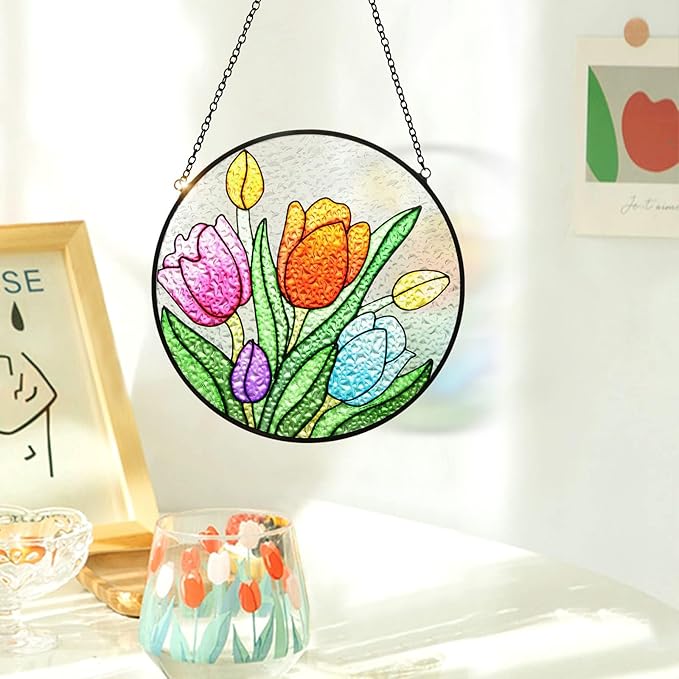 Tuitessine Tulip Suncatcher Stained Glass Window Hanging Panels, 6.3''x6.3'' Round Handmade Hanging Ornament with Chain, Garden Patio Wall Decor Flower Gift for Mom Teachers Friends