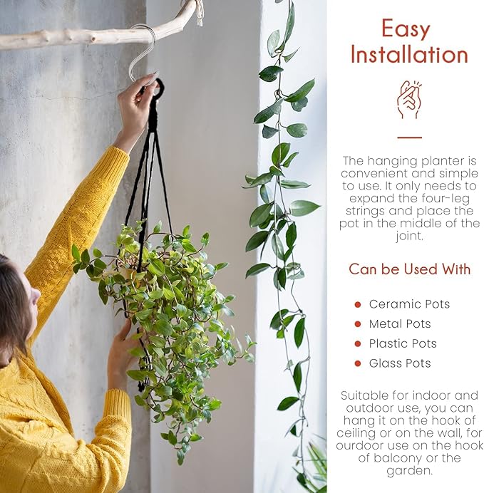 Macrame Plant Hangers - 6 Pack, Black, Indoor/Outdoor, Cotton