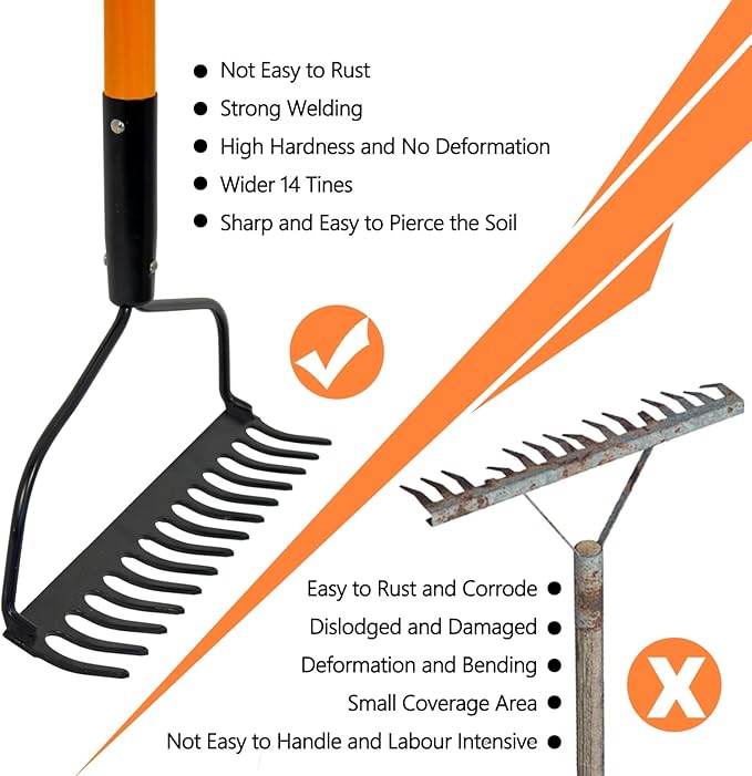 Garden Rake for Gardening, 14 Tines Garden Rake with Thick Fiberglass Handle, Heavy Duty Garden Rake for Lawns, 58 Inches