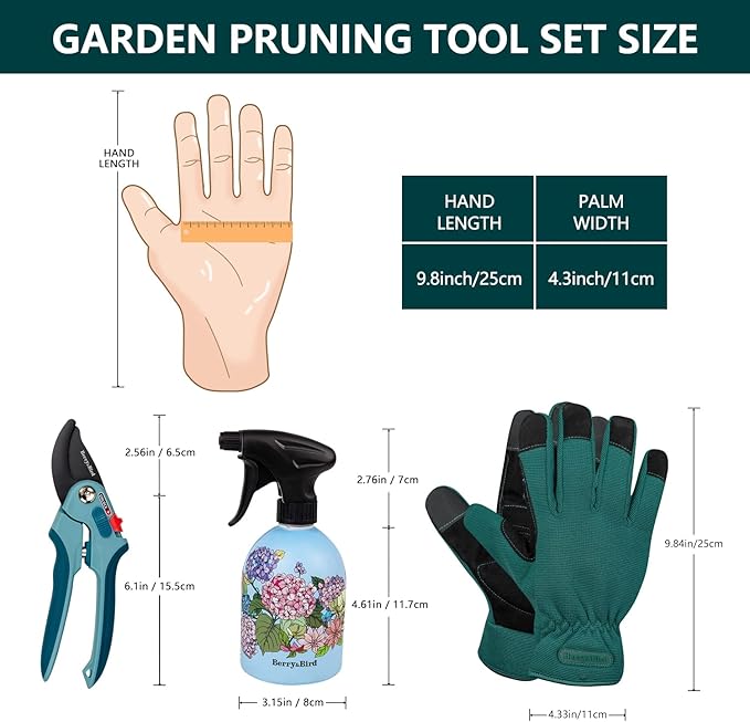 Berry&Bird 3PCS Garden Pruning Tool Set, Garden Hand Tool Kit with Bypass Pruning Shears, Gloves, Water Sprayer, Garden Tool Set for Picking, Cutting, Planting, Ideal Garden Gift Set for Women and Men
