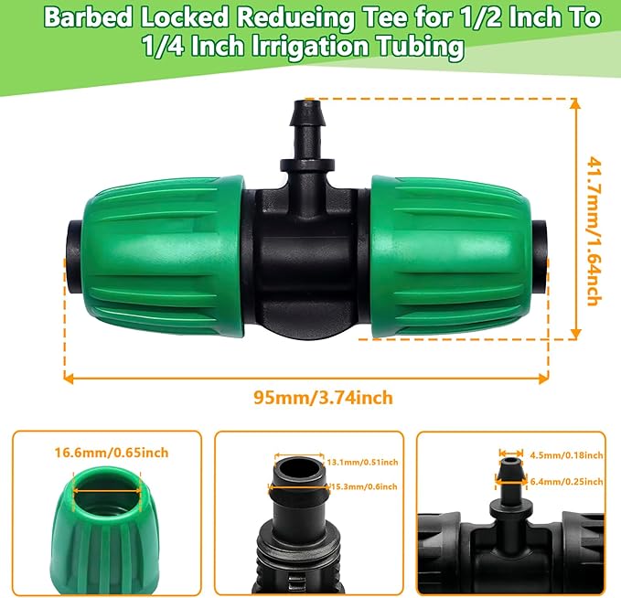 12 Pack 1/2 Inch To 1/4 Inch Drip Irrigation Fittings (1/2" ID x 0.65" OD), Drip Line Irrigation Locked Barbed 1/2" To 1/4" Adapter Anti Leak Irrigation System 1/2 Inch To 1/4 Inch Reducer Tee