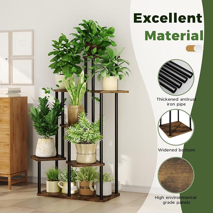 7 Tiered Plant Stand Indoor Corner Plant Shelf for Multiple Plants for Patio Garden Balcony Living Room Bedroom, Tall Metal Flower Pots Stand Relaxing for Women Gift Brown Oak