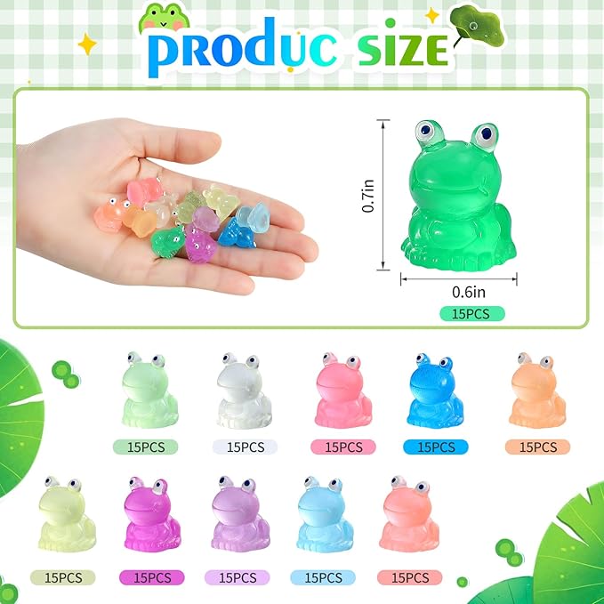 165 Pcs Luminous Mini Resin Frogs Glow in The Dark 11 Colors Mini Animals Miniature Figurines for Fairy Garden DIY Landscape Craft Accessories Ornament and Dollhouse Birthday Party Favors