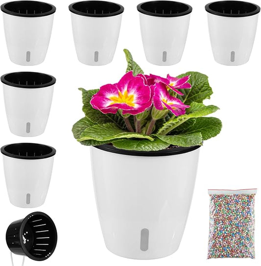 Planterhoma 5 Inch Self Watering Pots for Indoor Plants, 6 Packs White African Violet Pots with Water Indicator and Black Wick Pots, Self Watering Planters for Devil's Ivy, Indoor Plant Pots