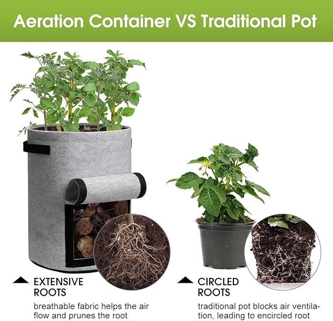 Potato Grow Bags with Flap 10 Gallon, 4 Pack Planter Pot with Handles and Harvest Window for Potato Tomato and Vegetables, Black and Gray