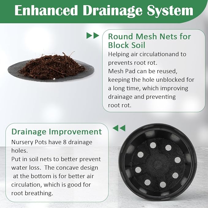 20 Pack Plant Pots, 6 Inch Plastic Plant Planter with Saucers and Mesh Mats, Durable Flower Pots with Drainage Holes Perfect for Indoor Outdoor, Black