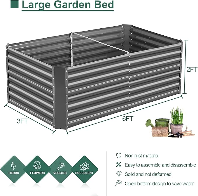 Land Guard 6×3×2 ft Galvanized Raised Garden Bed Kit, Galvanized Planter Raised Garden Boxes Outdoor, Large Metal Raised Garden Beds for Vegetables(Grey)…