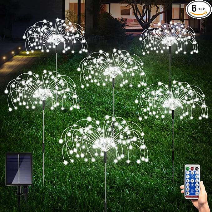 6 Pack Outdoor Solar Garden Lights, 120 LED Waterproof Solar Lamps Decorative, Fireworks Lamp, 8 Modes Landscape Lights with Remote for Pathway Backyard Walkway Patio (Cool White)