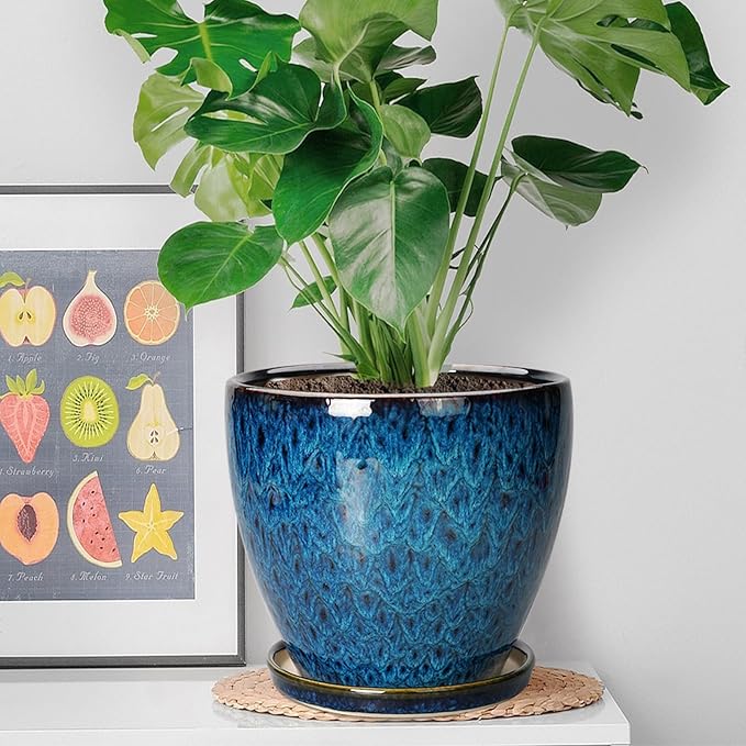 8 Inch Ceramic Planter Pot with Drainage Hole and Saucer, Ceraimc Plant Pot Round Flower Pot for Indoor Plants Outdoor Garden Planter, Blue