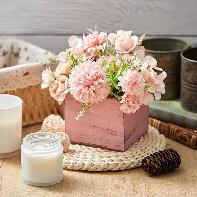 Dandat 4 Set Wood Cube Planter Box Square Wood Vase Rustic Cube Planter Box with Removable Plastic Liner Floral Foam Blocks for Centerpieces Home Wedding Garden Decor, Country Style (Pink)