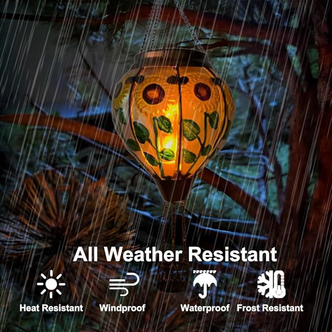 2PCS Solar Hot Air Balloon Lanterns with Flame with Shepherd's Hooks, Glass Hanging Flickering Lights Outdoor Waterproof for Garden Tree Yard Patio Mother's Day Gift, 18" H Sunflower