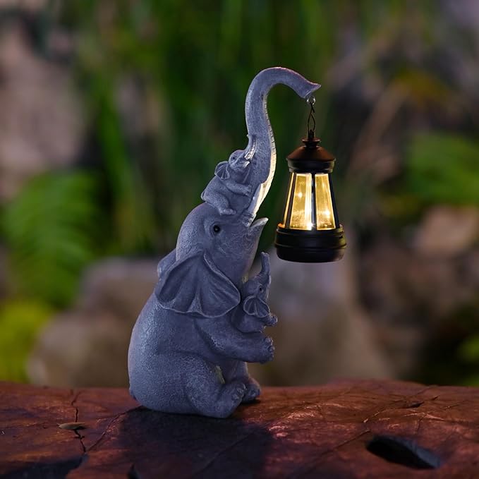 Solar Elephant Outdoor Statues Garden Decor with Solar LED Lights Good Luck Elephant Statue for Patio Balcony Yard Lawn Ornament, Birthday Mother Day Gardening Gifts for Mom Grandma Women