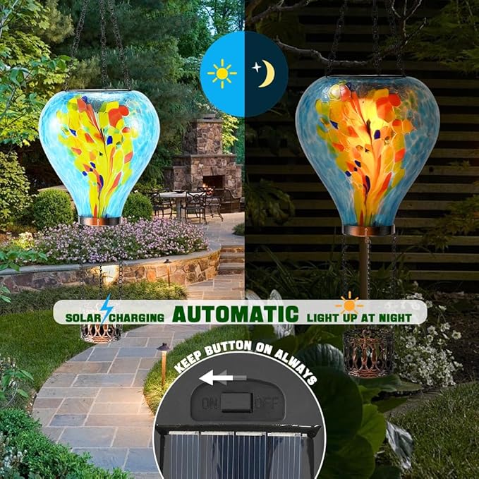 Hot Air Balloon Solar Lantern - Stained Glass Lantern with Simulated Flickering Flame, Outdoor Hanging Yard Light Waterproof IP65 & Weather Resistant for Garden Patio Lawn Porch Decor Gfit