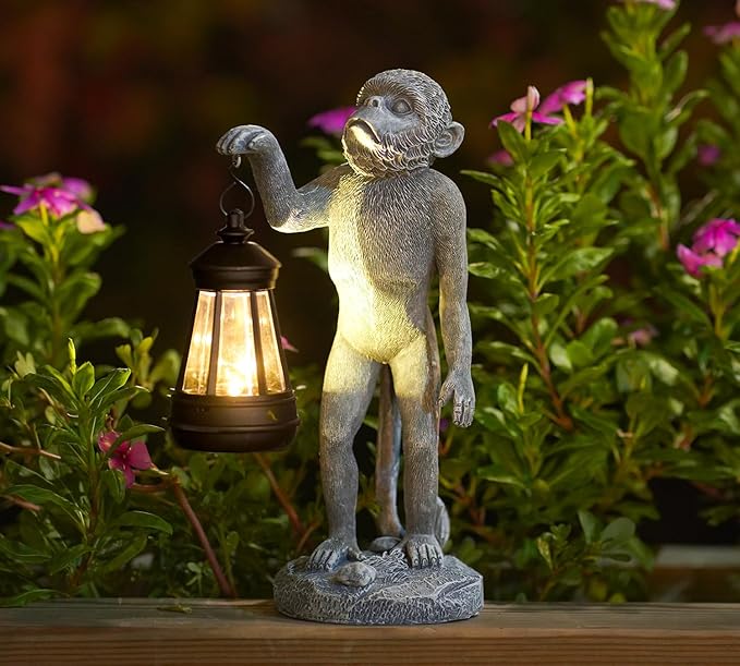 Garden Statue Monkey Figurine - Monkey Decor with Solar Powered Led Lights for Patio Lawn Balcony Yard - Ideal Gift for Women Moms Grandma Housewarming