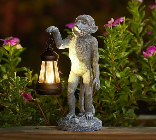 Garden Statue Monkey Figurine - Monkey Decor with Solar Powered Led Lights for Patio Lawn Balcony Yard - Ideal Gift for Women Moms Grandma Housewarming