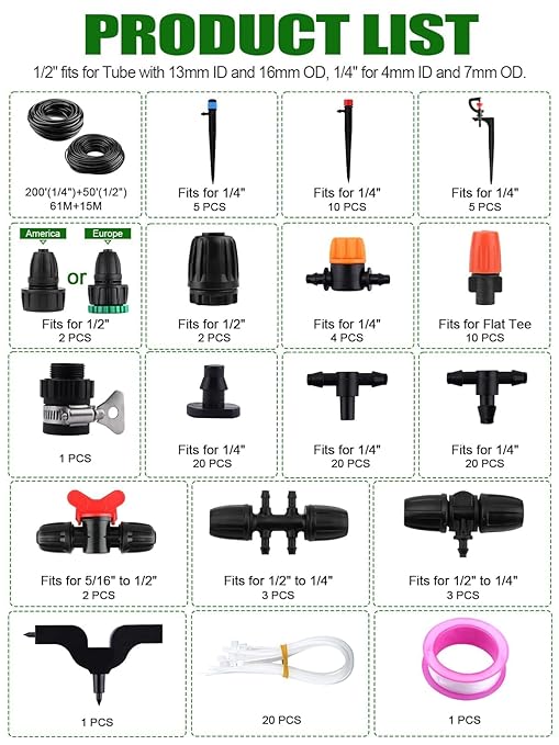 250FT Drip Irrigation Kit with Rotating Nozzle, Kalolary 1/4" 1/2" Automatic Garden Watering System with 4/7mm 16mm PE Tube Adjustable Micro Water Sprinkler Equipment for Patio Lawn Flower Bed