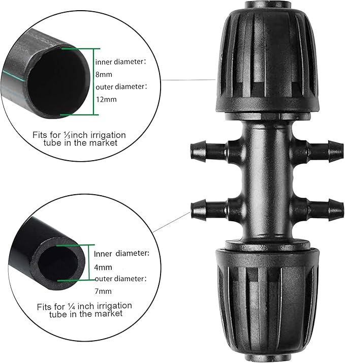 10Pcs Barbed Tee Irrigation Fittings, HOINCO 1/3 Inch to 1/4 Inch Irrigation Tube Anti-Drop Quality Fitting, 8mm ID 12mm OD Pipe Turn 4mm ID 7mm OD Hose, 6-Way Adapter for Lawn, Farm, Garden(Black)