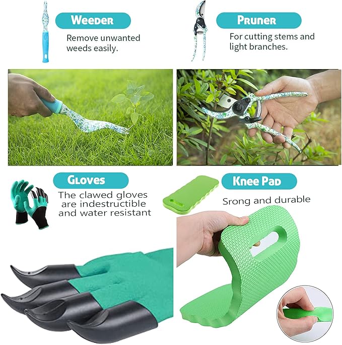 Garden Tool Set 9 Piece Aluminum Alloy Gardening Hand Tools Kit Gift for Women & Parent Gardening Supplies with Gloves,Tote,Kneeling Pad,Hand Pruner,Trowel,Hand Rake,Weeder,Fork,Transplanter