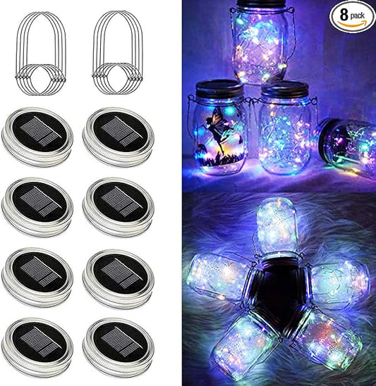 8 Pack Solar Outdoor Fairy Star Firefly Jar Lids Lights,Solar Fairy String Lids Lights（No Jars）,Waterproof Lantern Mason String Solar Lights with Hangers for Regular Mouth Jars