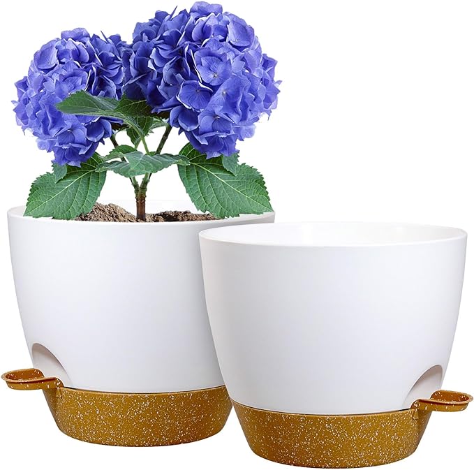 8 inch Self Watering Pots, 2 Pack Plastic Planters with Mesh Drainage Holes for Garden Plants and Flower, Plants Pots with Deep Reservoir for Indoor Outdoor Plants, White with Brown
