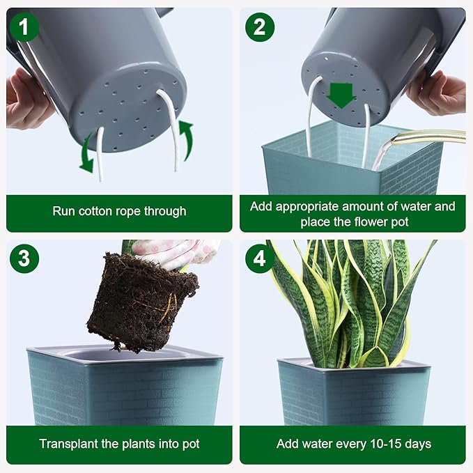 Self Watering Planter 2 Pieces 6 Inch, Plastic Flower Pots with Inner Pot Indoor Plants Brick Pattern Flowerpot for Indoor Plants, African Violets, Flowers, Herbs (Blue)