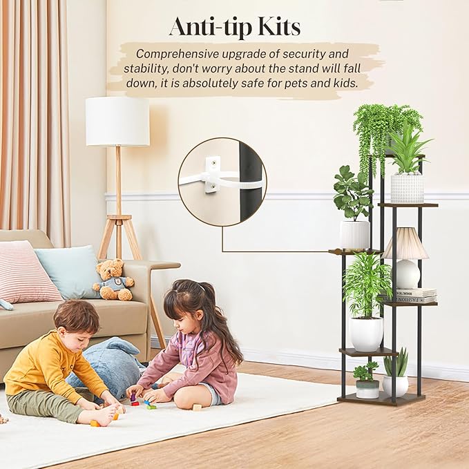 6 Tier Plant Stand Indoor Outdoor, Tall Corner Metal Wood Tiered Planter Stands Holder, Large Multiple Flower Pot Shelf Display Rack for Patio Office Porch Living Room Bedroom Balcony Garden,Oak