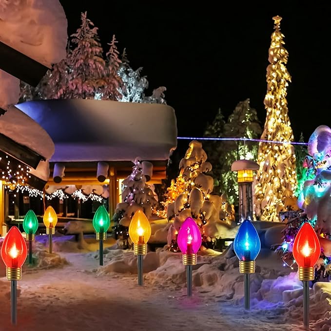 Minetom Jumbo Christmas Pathway Lights Outdoor with Marker Stakes, 10.5 Ft 5 LED C9 Shaped Christmas Lights Multicolored Giant Bulb String Lights, for Holiday Walkway Driveway Garden Yard Decoration