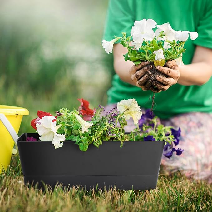 GREANER Black Rectangle Window Boxes, 3 Pack 12x3.8 Inch Herb Planters with Tray, Indoor Succulent Cactus Mint Plastic Pot for Windowsill, Garden Balcony, Office Outdoor Decoration