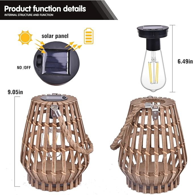 Solar Lantern Outdoor-Bamboo Lamps Patio Waterproof Rattan Solar Lanterns-Natural Auto On Off Lantern Edison Bulb Light with Handle for Hanging Table Yard Garden Wedding Home Decoration