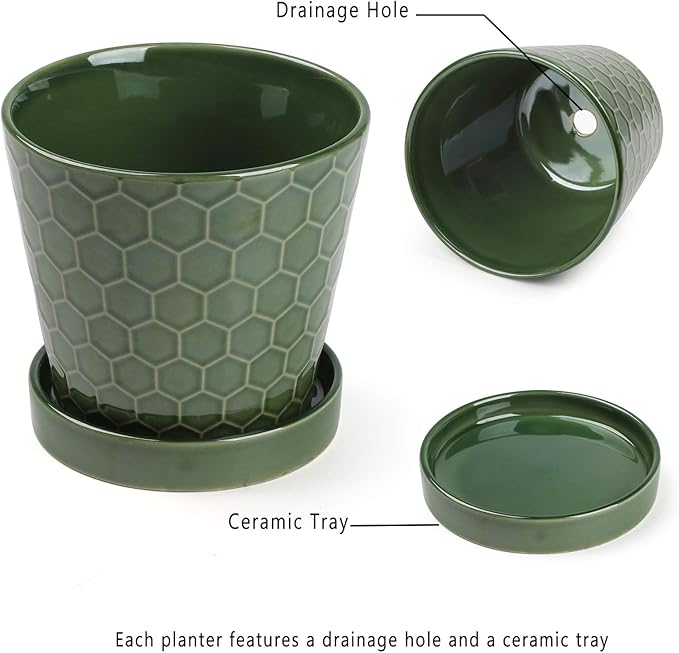 Ceramic Plant Pot – 4”+5”+6” inch Ceramic Flower Pot with Drainage Holes and Ceramic Tray - Gardening Home Desktop Office Windowsill Decoration Gift Set 3 - Plants NOT Included (Patina)