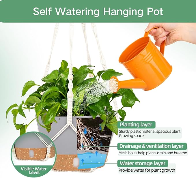 QCQHDU 2 Pack Hanging Planters for Indoor Plants, Outdoor Hanging Baskets, Self Watering Pots with Drainage Holes & Removable Tray (Light Grey, 8 inch, Macrame Hanger)