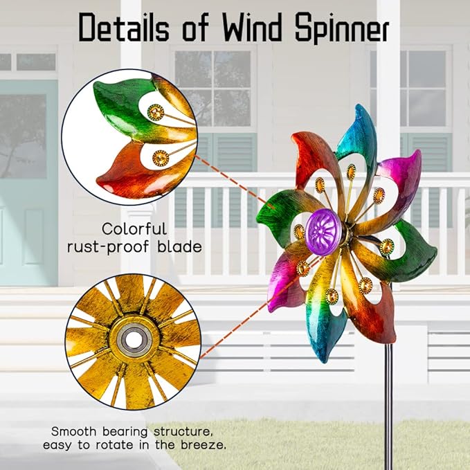 DREAMYSOUL 2 Packs Outdoor Metal Wind Spinner, Colorful Pinwheels for Yard and Garden, Kinetic Rainbow Spinner Wind Sculpture Garden Decor