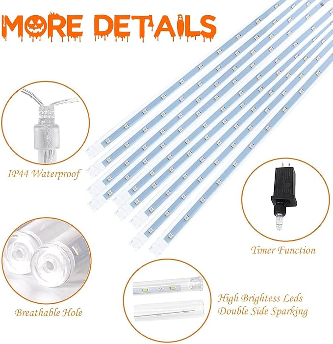 Outdoor Halloween Lights, 2-Pack Meteor Shower Lights Outdoor Waterproof, Total 432 LED 18 Tubes Snow Cascading String Lights Plug in for Party Garden Halloween Decorations (Orange Purple and Green)