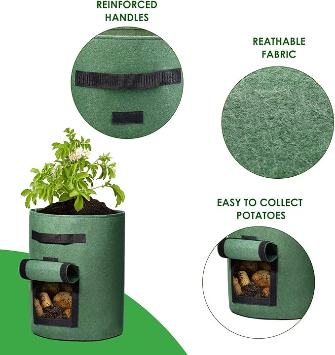 Delxo 10Pack 10 Gallon Potato Grow Bags,Grow Bags for Vegetable with Window, Double Layer Premium Breathable Nonwoven Cloth for Potato/Plant Container/Aeration Fabric Pots with Handles in Green