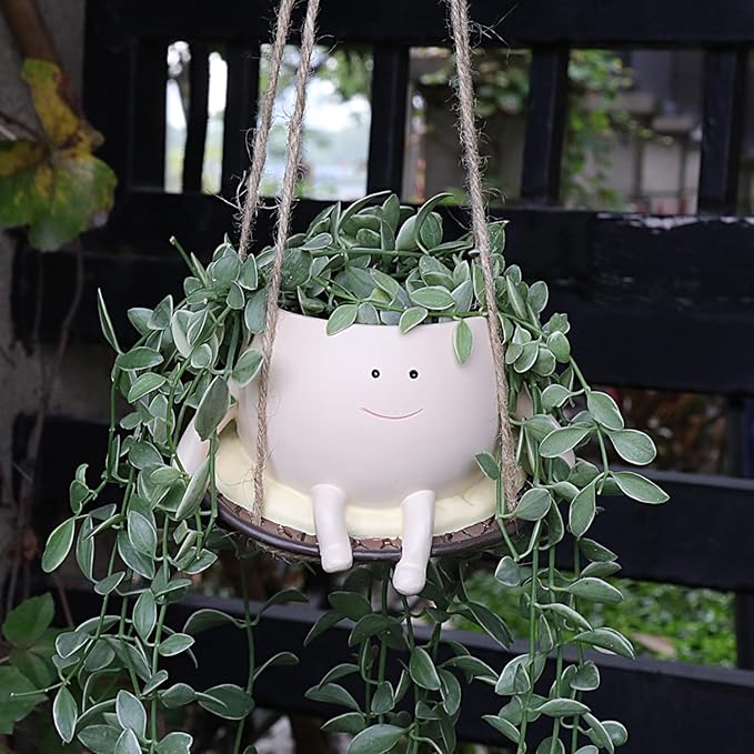 Hanging Swing Chair Planter Pot Resin Smiley Face Planter for Indoor Outdoor Plant Cute Head Flower Pots for String of Pearls Plant Live Unique Gift IdeaI for Mother Day, Christmas (Small)