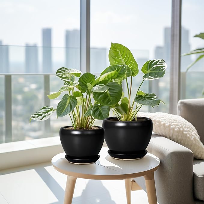 Ceramic Planters Pots - 10 Inch 8 Inch 6 Inch Plant Pots Indoor with Drainage Holes and Saucers Large Planters Mid-Century Flower Pots Outdoor Set of 3 Black