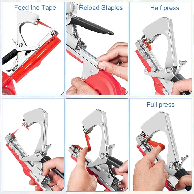 FUNTECK Plant Tying Machine to Tie Tomatoes Peppers and Cucumbers Quickly and Easily, Great for Gardeners Farmers, Including Spare Parts, Tapes and Staples, Red