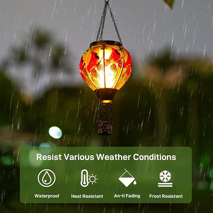 Cardinal Solar Hot Air Balloon Lantern with Flame, Glass Hot Air Balloon Solar Lantern Outdoor Waterproof, Hanging Hot Air Balloon Solar Light, Cardinal Gifts for Mom Woman Christmas