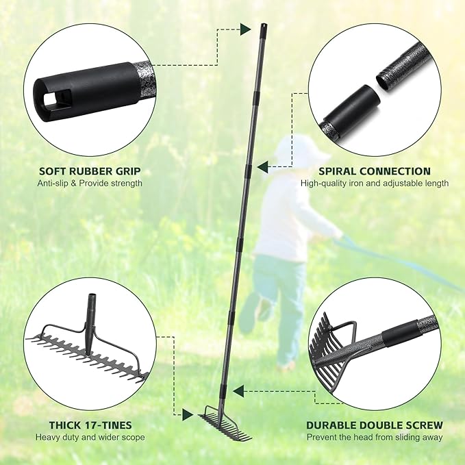60'' Bow Rake Heavy Duty Garden Rake with Stainless Steel Handle,Tines Metal Head Rake Tool for Loosening Soil Gathering Leaf Leveling Lawn Farming Land Management Yarn Thatch Rake
