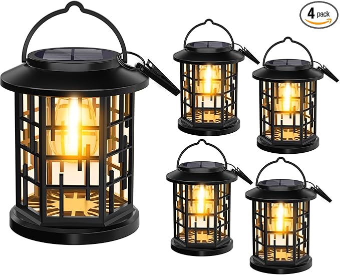 Outdoor Solar Lanterns, Solar Powered Lanterns Lighting LED Lantern Bulb Decorative for Patio Porch Fence Garden Lawn, 4 Pack