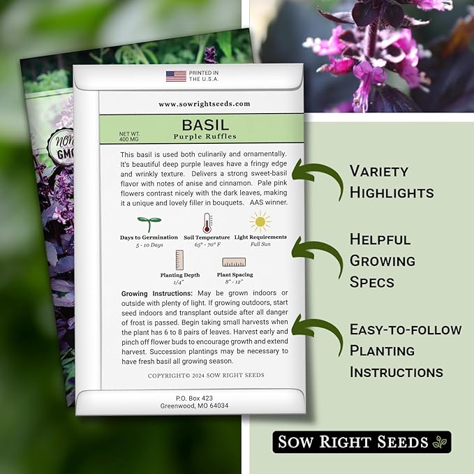 Sow Right Seeds - Purple Ruffles Basil Seeds for Planting - Non-GMO Heirloom Packet with Instructions - Indoors or Outdoor - Great for Hydroponics or Growing Kitchen Herb Garden - Purple Leaves (1)
