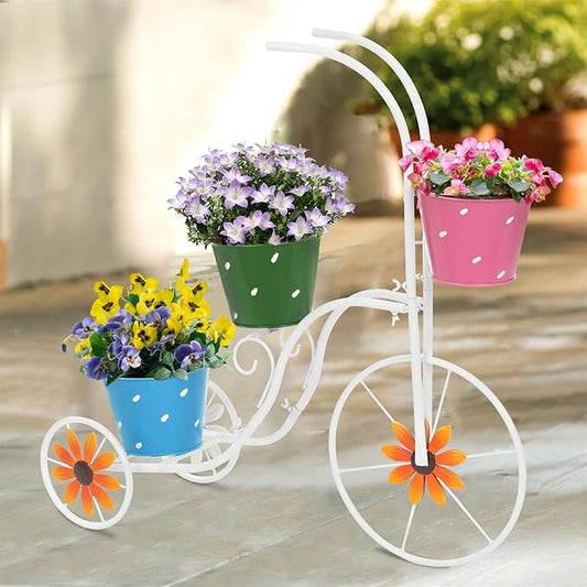 BAYN Bicycle Planter Stand, Metal Flower Pot Cart Holder Tricycle Planter with 3 Plant Bucket Outdoor Decorative for Patio, Deck, Garden, Lawn