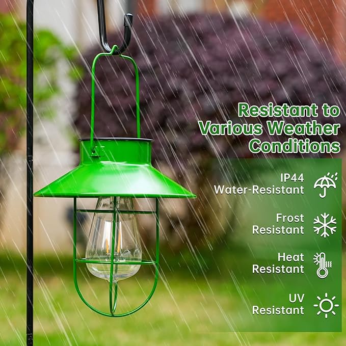 Solar Lights Lantern Lamp with Shepherd Hook, Solar Metal Lanterns, Outdoor Lights Decor,Edison Bulb Lights for Garden ,Outside Decor for Pathways,Patio, Lawn, or Landscaping(Green)